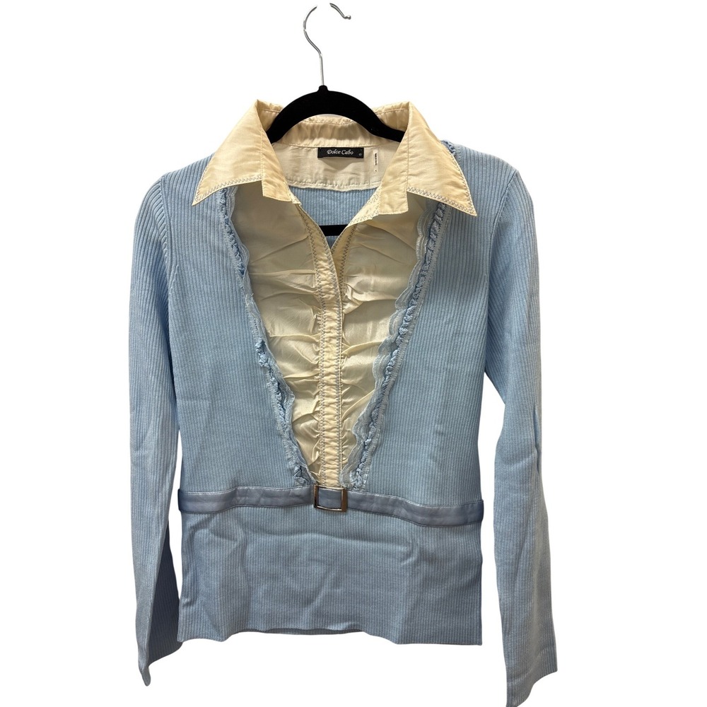 Dolce Cabo Women Baby Blue Ribbed Knit Ruffle Tuxedo Bib Belted Top 8710 S NEW